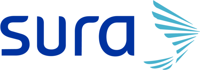 Logo moderno de sura con tipografía azul y símbolo de ala estilizada, confianza y crecimiento.